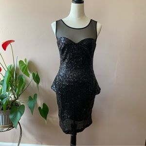 BeBe Womens Peplum Sequin Black Dress